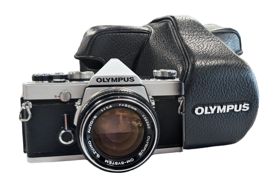 Olympus OM-1 35mm Film Camera with 50mm f/1.4 Lens and Leather Holster